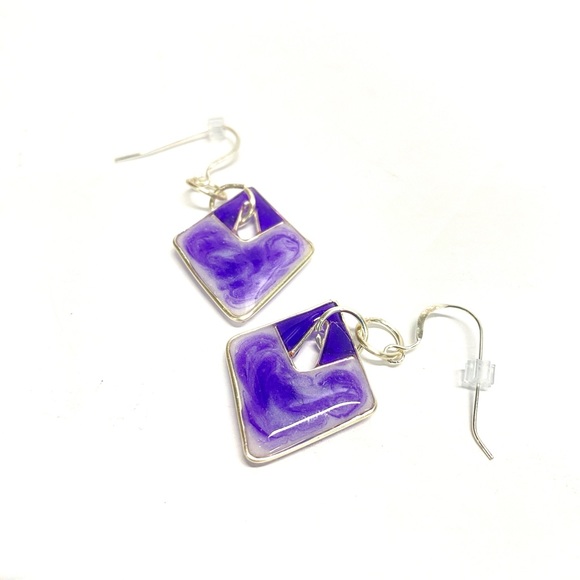 HANDMADE Abstract Geometric Resin Art Dangle Sterling Silver French Hook Earring - Picture 5 of 9